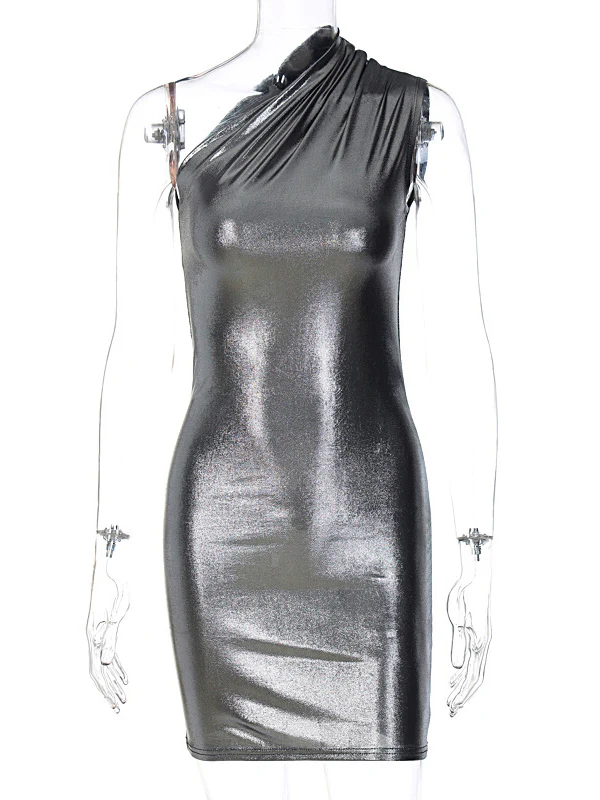 Skinny Asymmetric Shiny Solid Color Split-Joint One-Shoulder Evening Dresses Mini Dresses - Image 21
