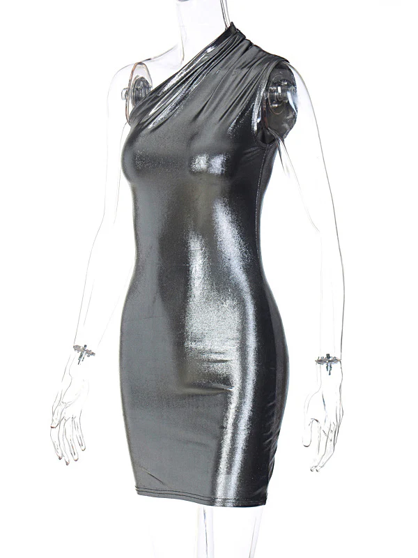 Skinny Asymmetric Shiny Solid Color Split-Joint One-Shoulder Evening Dresses Mini Dresses - Image 22