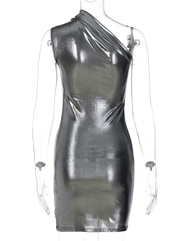 Skinny Asymmetric Shiny Solid Color Split-Joint One-Shoulder Evening Dresses Mini Dresses - Image 23