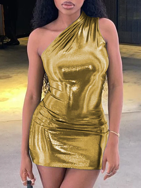 Skinny Asymmetric Shiny Solid Color Split-Joint One-Shoulder Evening Dresses Mini Dresses - Image 9