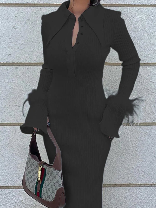 Skinny Feathers Slightly Sheer Split-Joint Lapel Maxi Dresses - Image 3