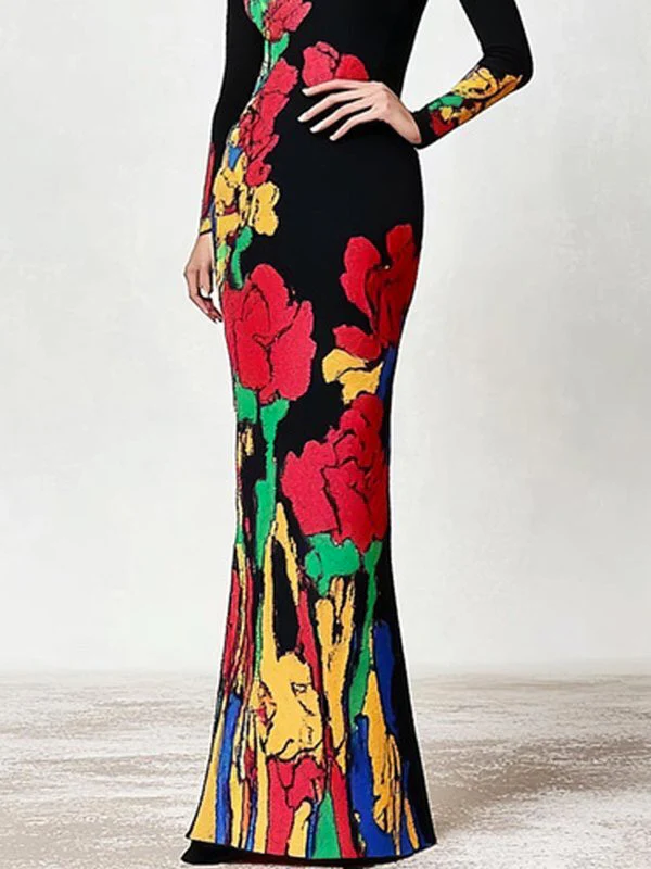 Skinny Flower Print Multi-Colored High Neck Maxi Dresses - Image 3
