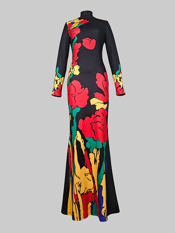 Skinny Flower Print Multi-Colored High Neck Maxi Dresses - Image 4