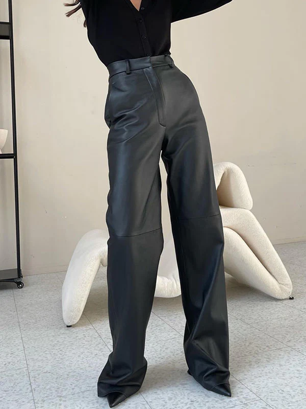 Skinny Leg Straight Leg High-Waisted Solid Color Split-Joint PU Pants Trousers - Image 2