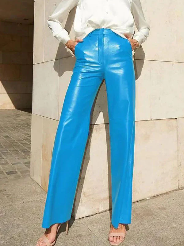Skinny Leg Straight Leg High-Waisted Solid Color Split-Joint PU Pants Trousers - Image 4