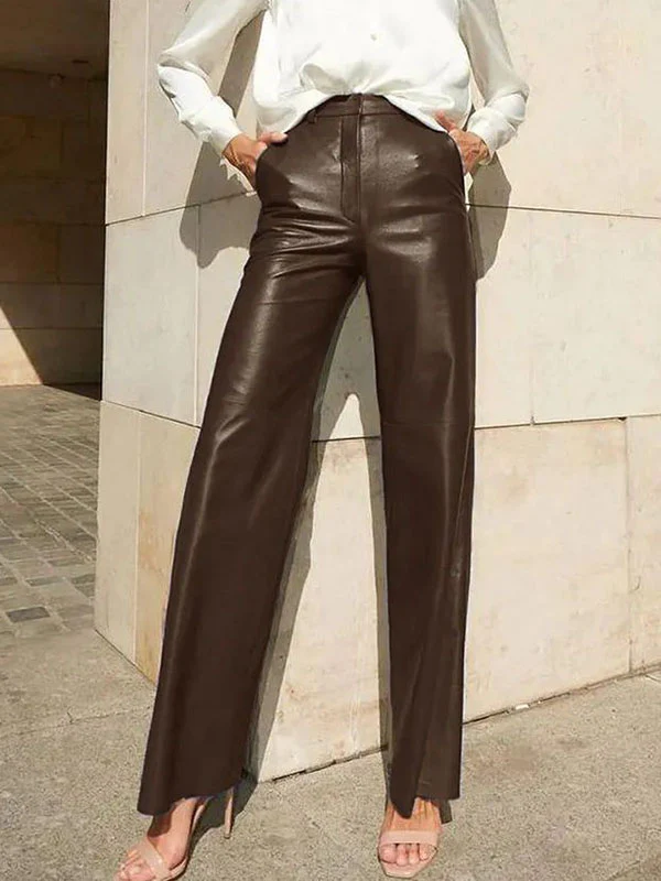 Skinny Leg Straight Leg High-Waisted Solid Color Split-Joint PU Pants Trousers - Image 5