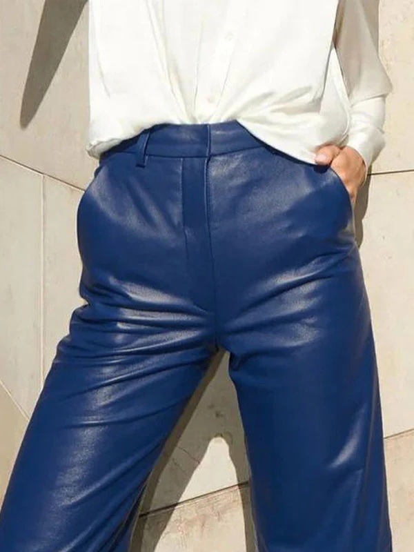Skinny Leg Straight Leg High-Waisted Solid Color Split-Joint PU Pants Trousers - Image 7
