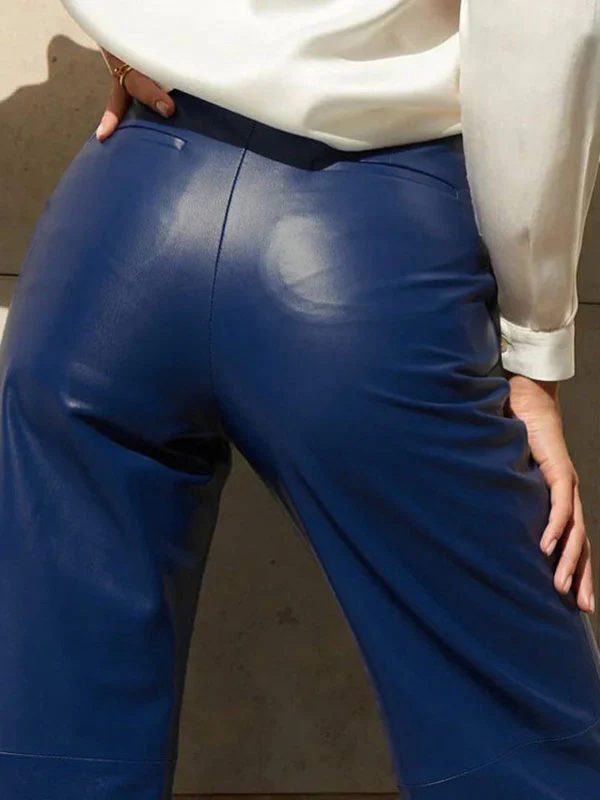 Skinny Leg Straight Leg High-Waisted Solid Color Split-Joint PU Pants Trousers - Image 8