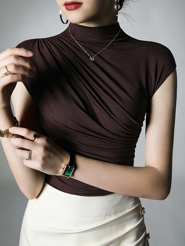 Skinny Pleated Solid Color Mock Neck T-Shirts Tops - Image 2