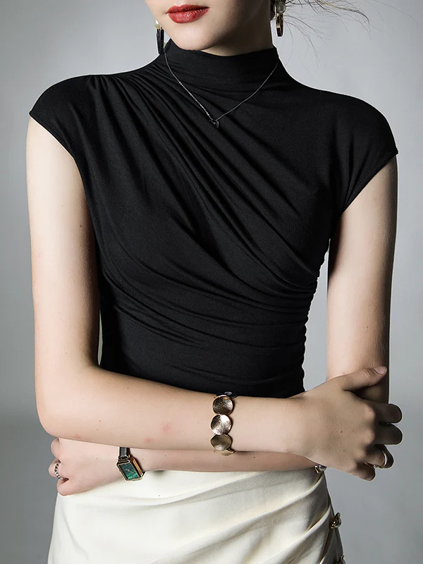 Skinny Pleated Solid Color Mock Neck T-Shirts Tops - Image 3