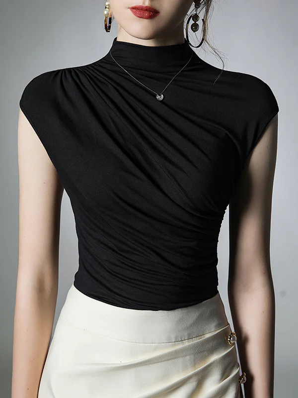 Skinny Pleated Solid Color Mock Neck T-Shirts Tops - Image 4