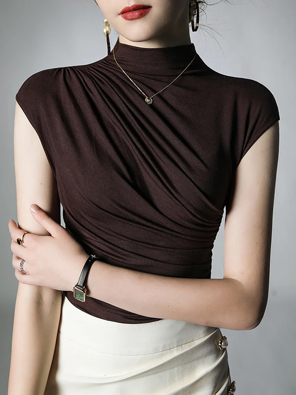 Skinny Pleated Solid Color Mock Neck T-Shirts Tops - Image 5