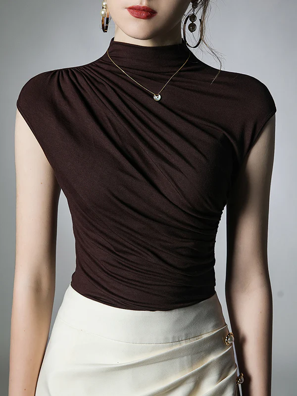 Skinny Pleated Solid Color Mock Neck T-Shirts Tops - Image 6