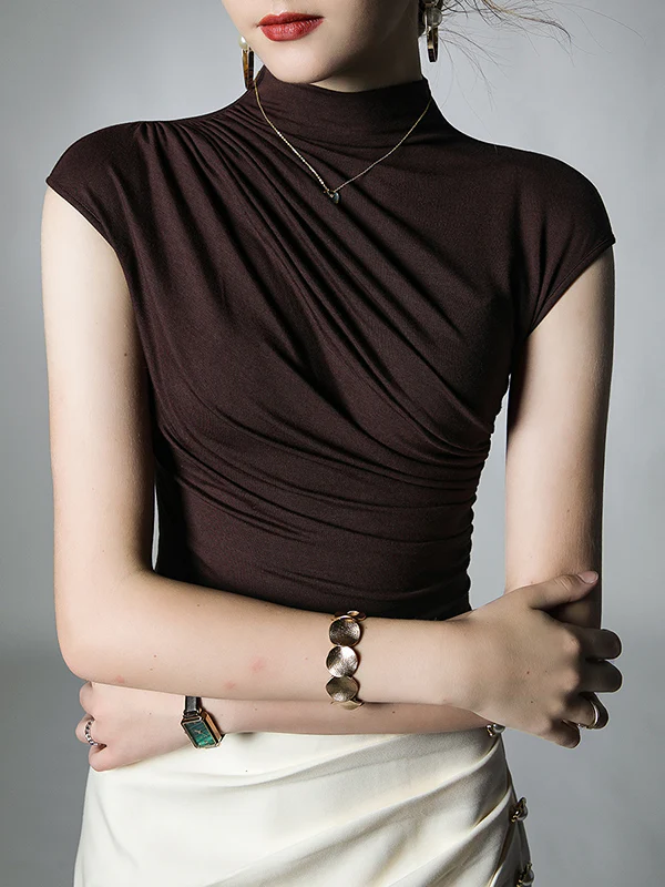Skinny Pleated Solid Color Mock Neck T-Shirts Tops - Image 7