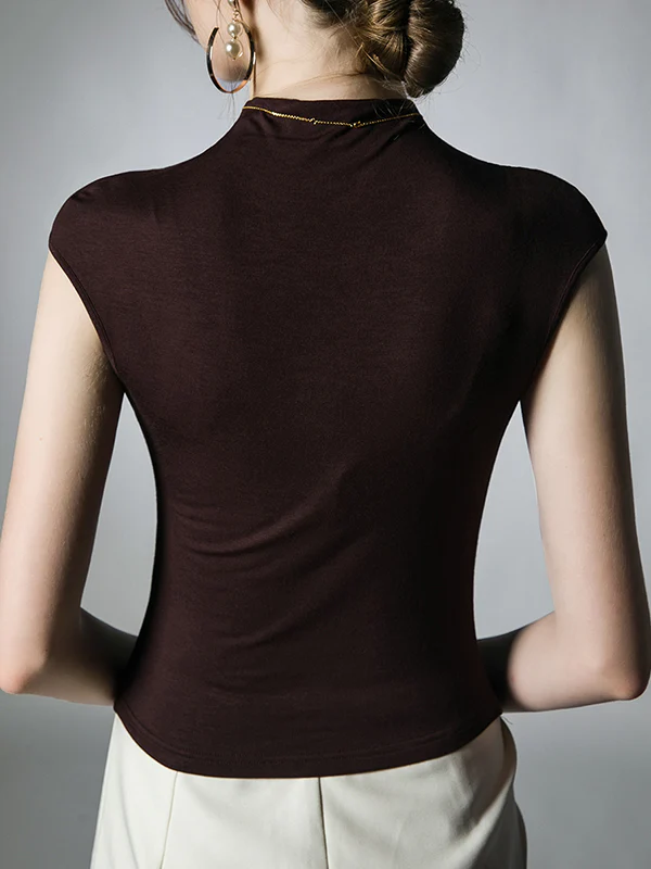 Skinny Pleated Solid Color Mock Neck T-Shirts Tops - Image 8