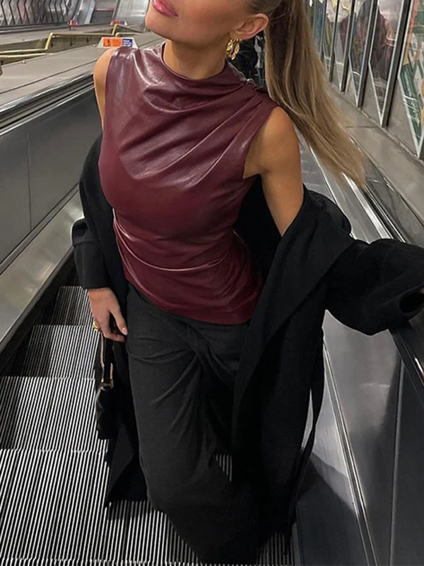 Skinny Sleeveless Asymmetric Pleated Solid Color Mock Neck Vest Top - Image 13