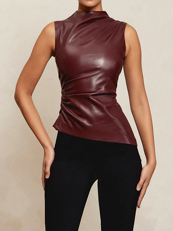 Skinny Sleeveless Asymmetric Pleated Solid Color Mock Neck Vest Top - Image 17