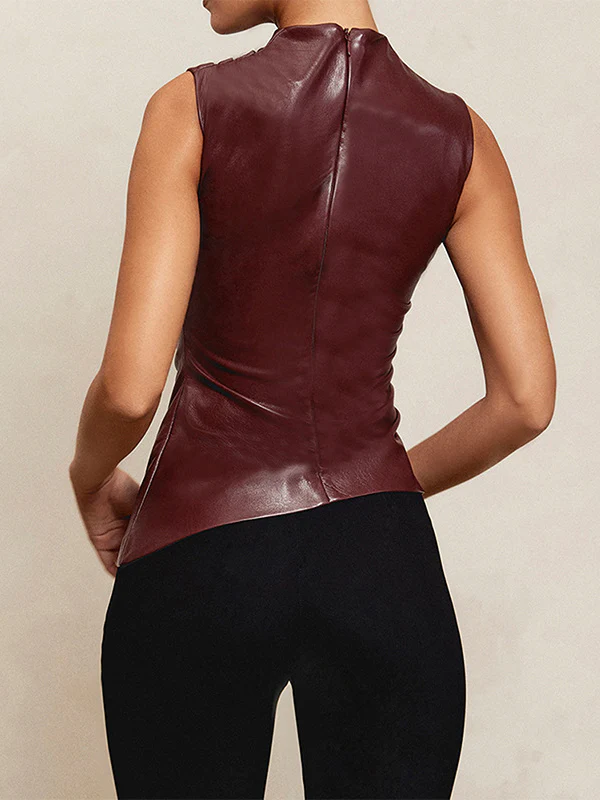 Skinny Sleeveless Asymmetric Pleated Solid Color Mock Neck Vest Top - Image 19