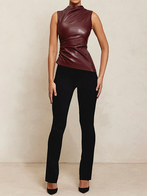 Skinny Sleeveless Asymmetric Pleated Solid Color Mock Neck Vest Top - Image 20