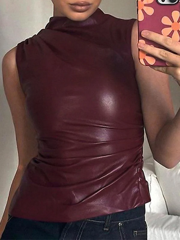 Skinny Sleeveless Asymmetric Pleated Solid Color Mock Neck Vest Top - Image 21