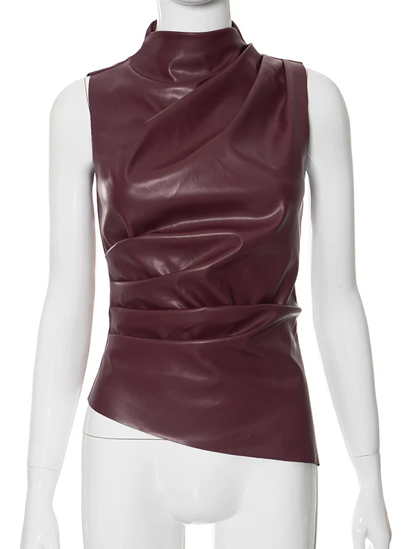 Skinny Sleeveless Asymmetric Pleated Solid Color Mock Neck Vest Top - Image 22