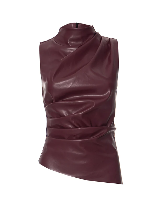 Skinny Sleeveless Asymmetric Pleated Solid Color Mock Neck Vest Top - Image 23
