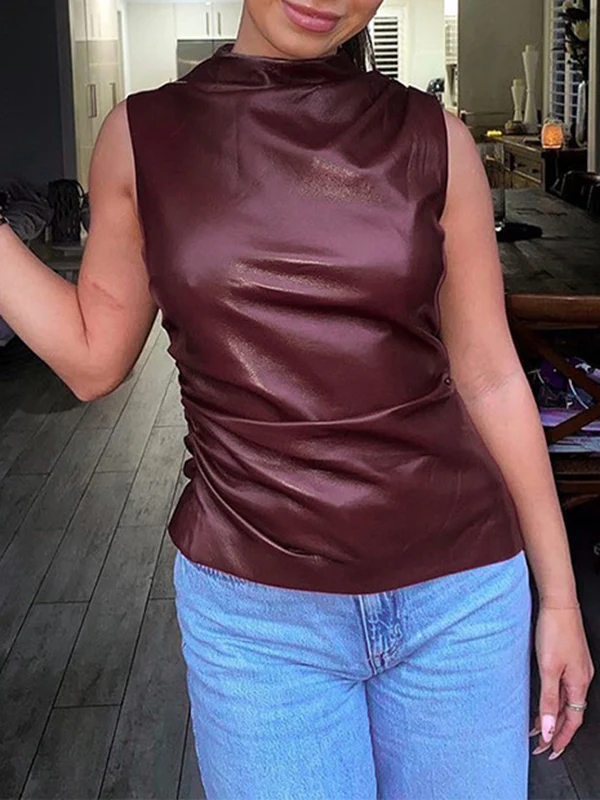 Skinny Sleeveless Asymmetric Pleated Solid Color Mock Neck Vest Top - Image 7