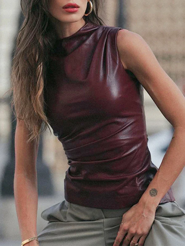 Skinny Sleeveless Asymmetric Pleated Solid Color Mock Neck Vest Top - Image 9