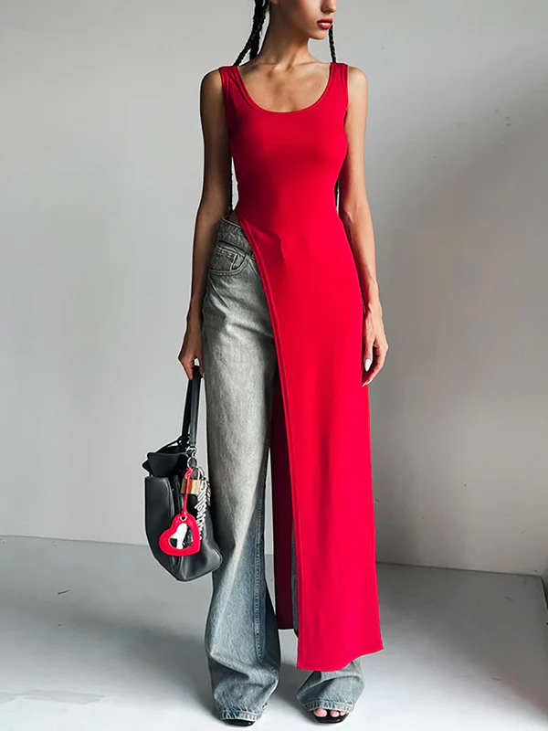 Skinny Sleeveless Asymmetric Solid Color Split-Side Square-Neck Tank Top - Image 2