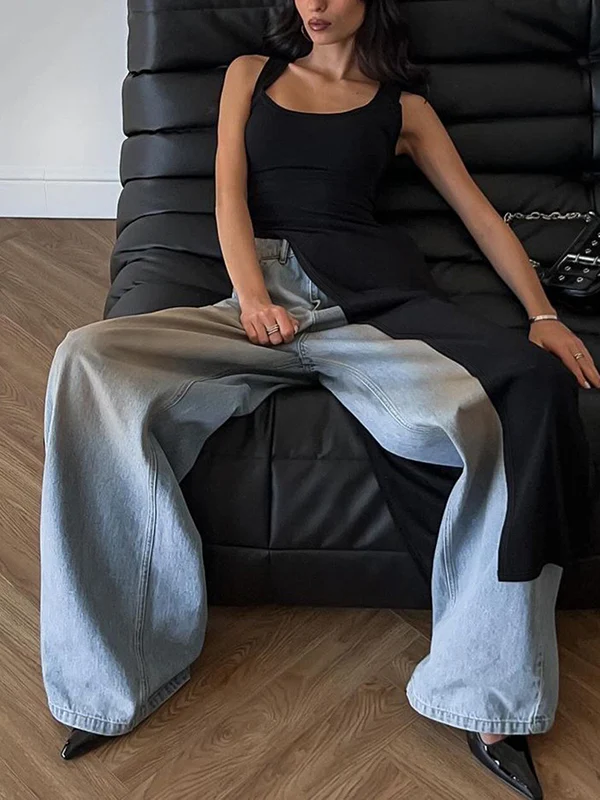 Skinny Sleeveless Asymmetric Solid Color Split-Side Square-Neck Tank Top - Image 3