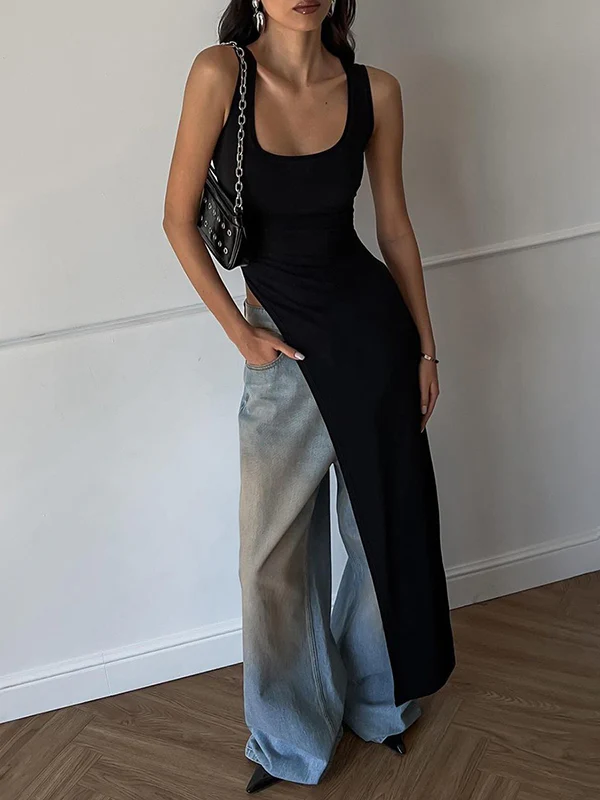 Skinny Sleeveless Asymmetric Solid Color Split-Side Square-Neck Tank Top - Image 5