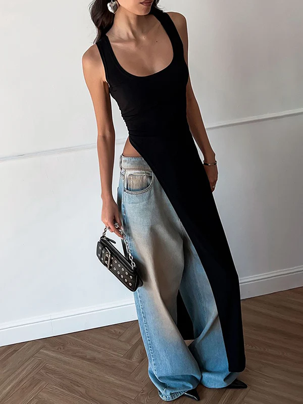 Skinny Sleeveless Asymmetric Solid Color Split-Side Square-Neck Tank Top - Image 6