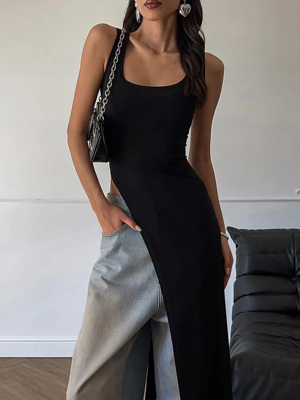 Skinny Sleeveless Asymmetric Solid Color Split-Side Square-Neck Tank Top - Image 7