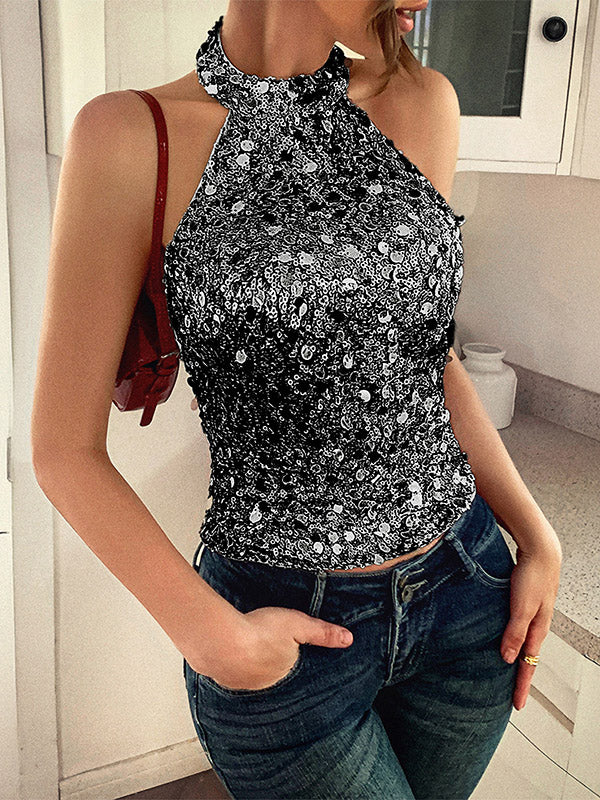 Skinny Sleeveless Backless Sequined Shiny Halter-Neck Tank Top - Image 7