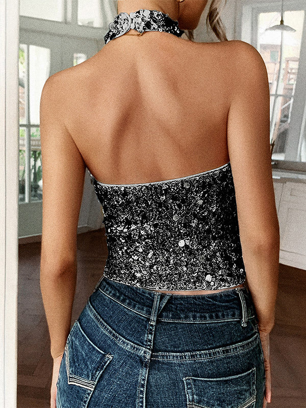 Skinny Sleeveless Backless Sequined Shiny Halter-Neck Tank Top - Image 8