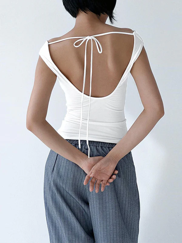Skinny Sleeveless Backless Solid Color Split-Joint Tied Off-The-Shoulder T-Shirts Tops - Image 10