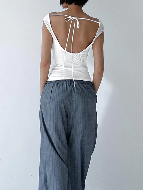 Skinny Sleeveless Backless Solid Color Split-Joint Tied Off-The-Shoulder T-Shirts Tops - Image 11