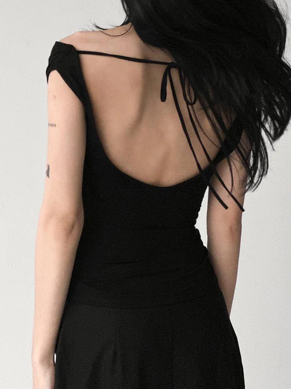 Skinny Sleeveless Backless Solid Color Split-Joint Tied Off-The-Shoulder T-Shirts Tops - Image 2