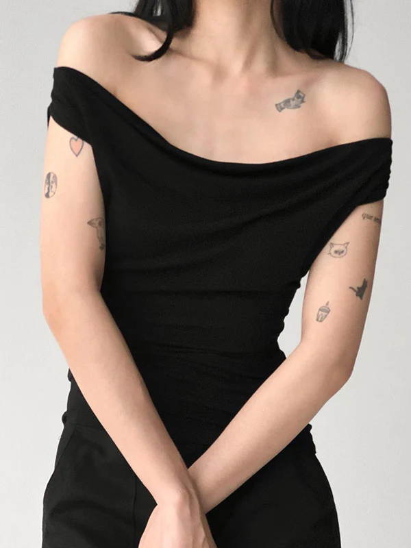 Skinny Sleeveless Backless Solid Color Split-Joint Tied Off-The-Shoulder T-Shirts Tops - Image 3