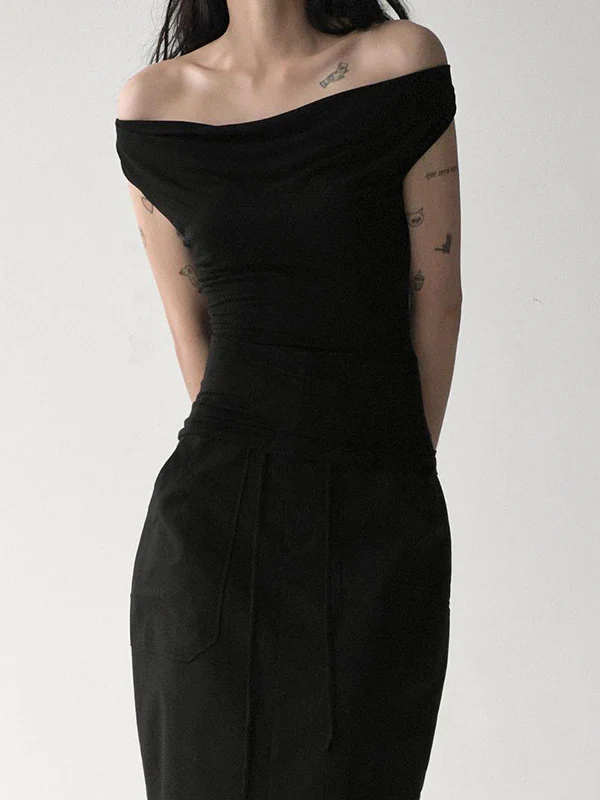 Skinny Sleeveless Backless Solid Color Split-Joint Tied Off-The-Shoulder T-Shirts Tops - Image 4