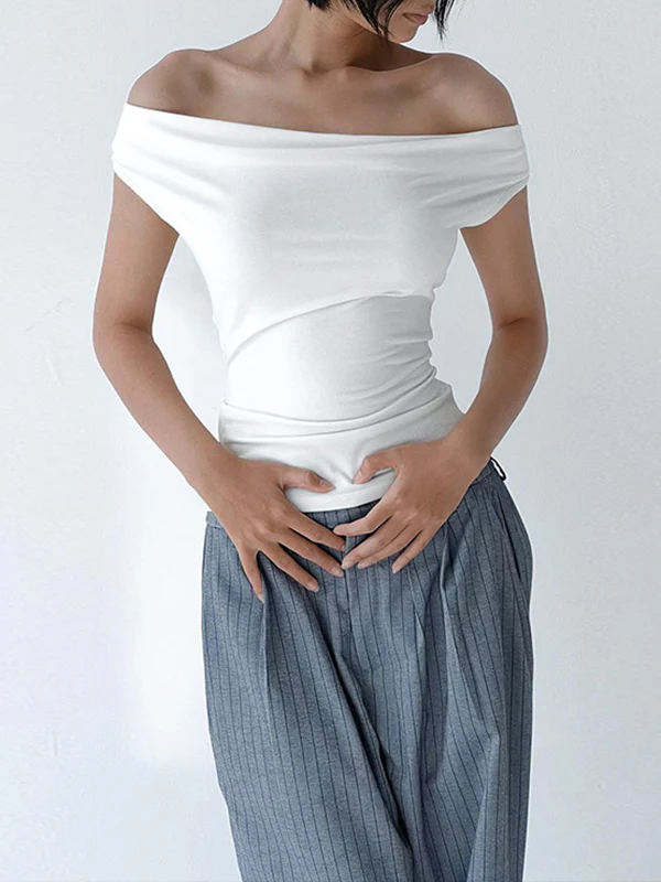Skinny Sleeveless Backless Solid Color Split-Joint Tied Off-The-Shoulder T-Shirts Tops - Image 5