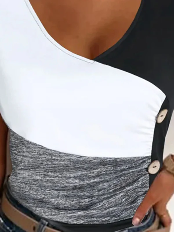 Skinny Sleeveless Contrast Color Elasticity Pleated Split-Joint V-Neck Vest Top - Image 2