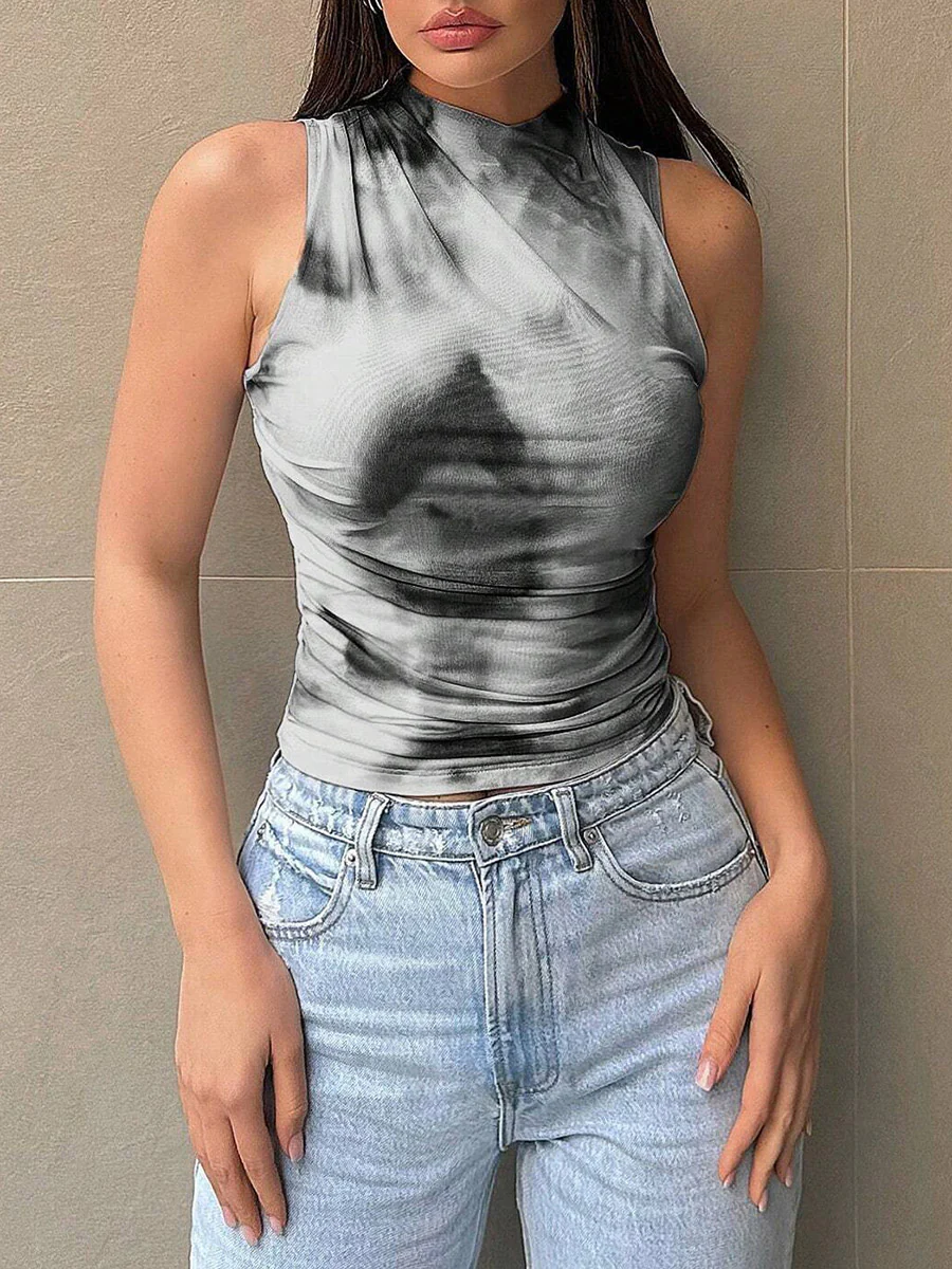 Skinny Sleeveless Contrast Color Flower Print Split-Joint Round-Neck Tank Top - Image 2