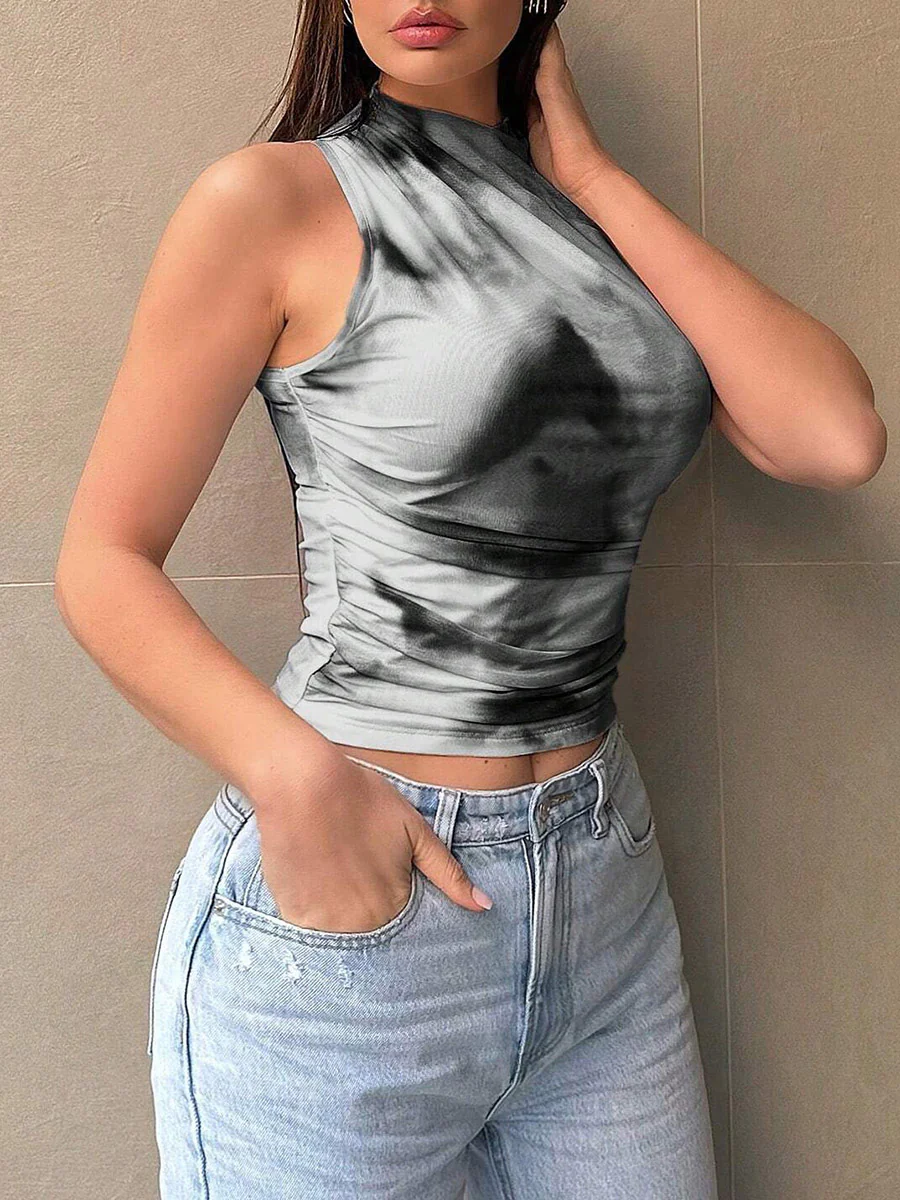 Skinny Sleeveless Contrast Color Flower Print Split-Joint Round-Neck Tank Top - Image 3