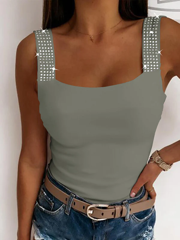 Skinny Sleeveless Elasticity Rhinestone Split-Joint Spaghetti-Neck Vest Top - Image 2