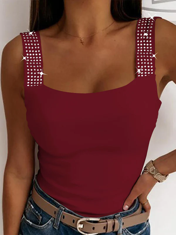 Skinny Sleeveless Elasticity Rhinestone Split-Joint Spaghetti-Neck Vest Top - Image 3