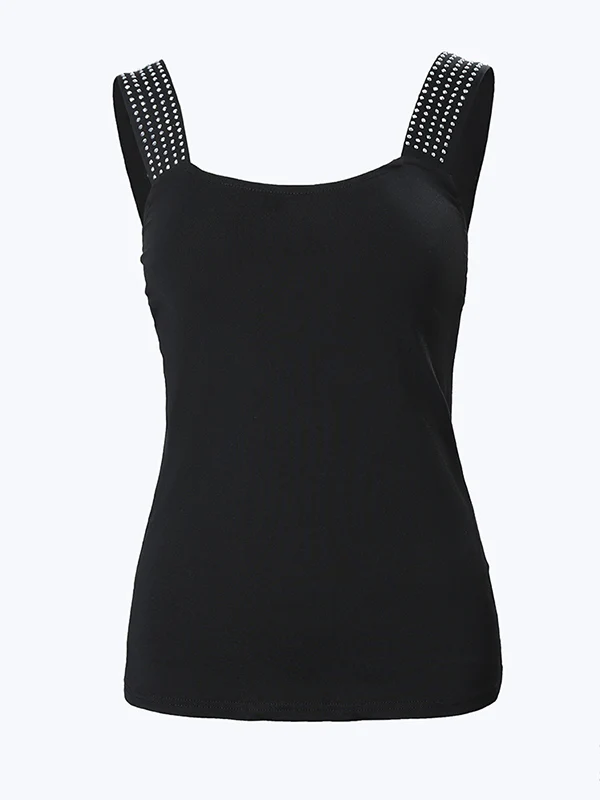 Skinny Sleeveless Elasticity Rhinestone Split-Joint Spaghetti-Neck Vest Top - Image 4