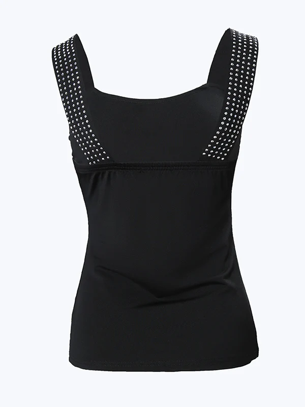 Skinny Sleeveless Elasticity Rhinestone Split-Joint Spaghetti-Neck Vest Top - Image 5