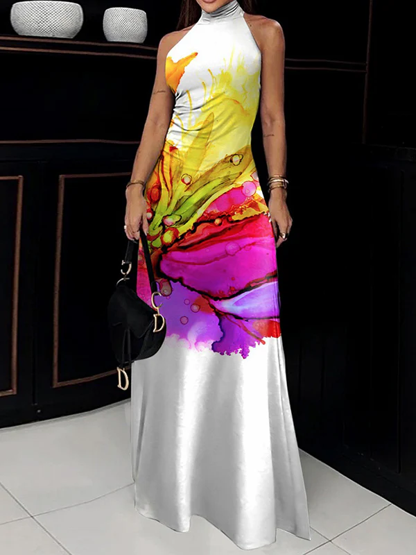 Skinny Sleeveless Flower Print High Neck Maxi Dresses - Image 4