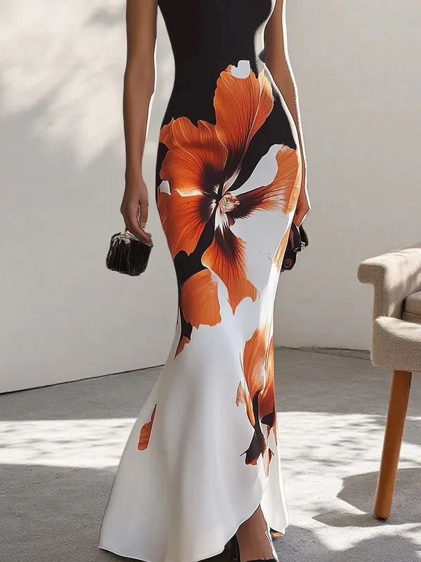 Skinny Sleeveless Flower Print Round-Neck Maxi Dresses - Image 3